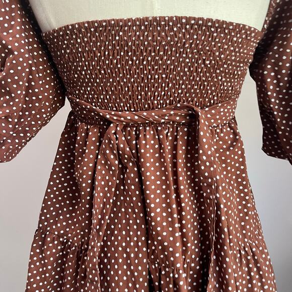 Faithfull the Brand Eryn Mini Dress Brown & White Polka Dot Puff Sleeve Sz 4 - Picture 10 of 12